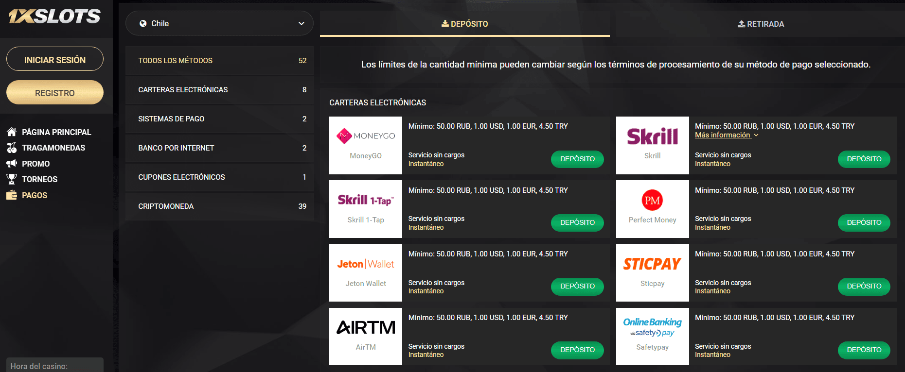 M&eacute;todos de pago en 1xSlots casino