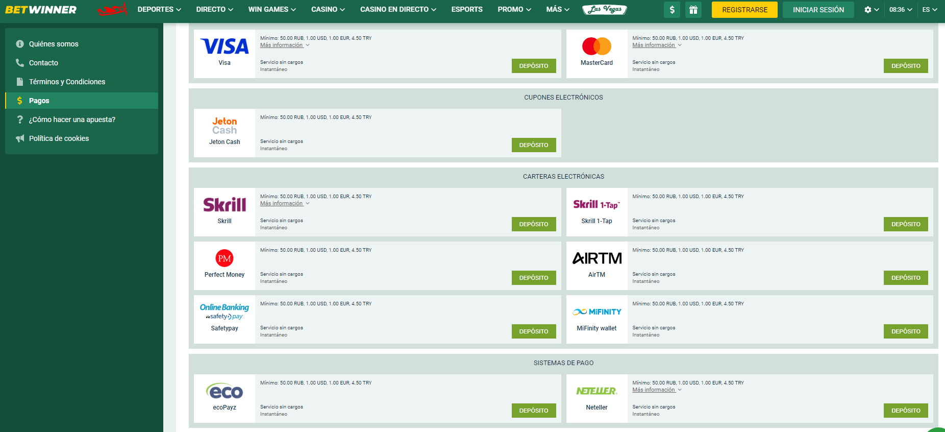 M&eacute;todos de pago en Betwinner casino