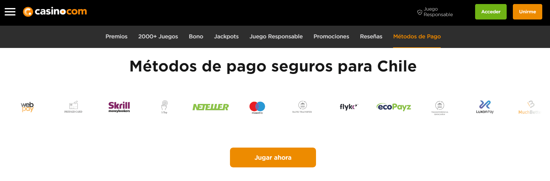 Métodos de pago en Casino.com