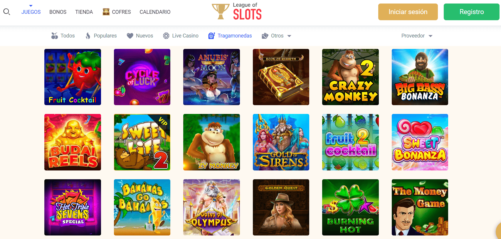 Cat&aacute;logo de tragaperras de casino de League of Slots