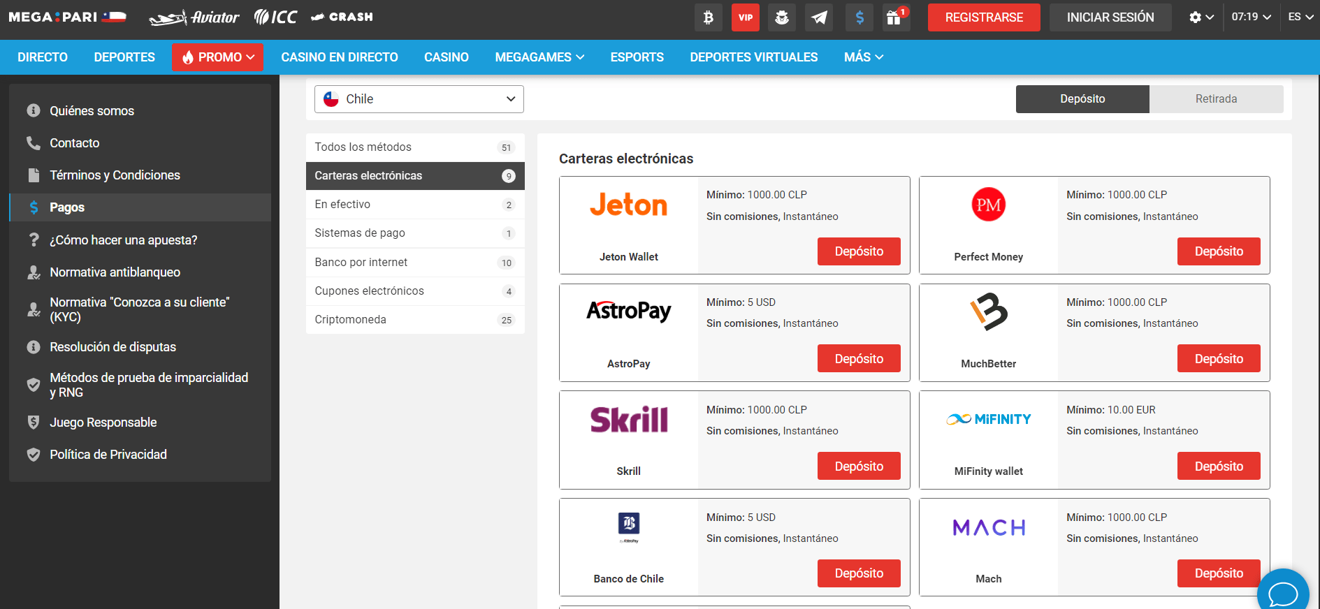 M&eacute;todos de pago en Megapari casino