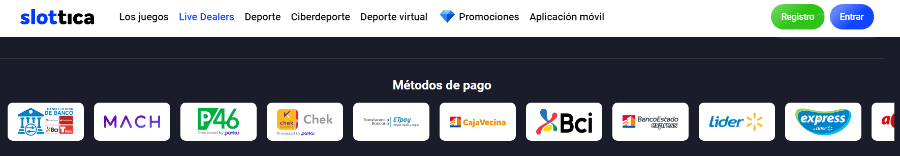M&eacute;todos de pago en Slottica casino