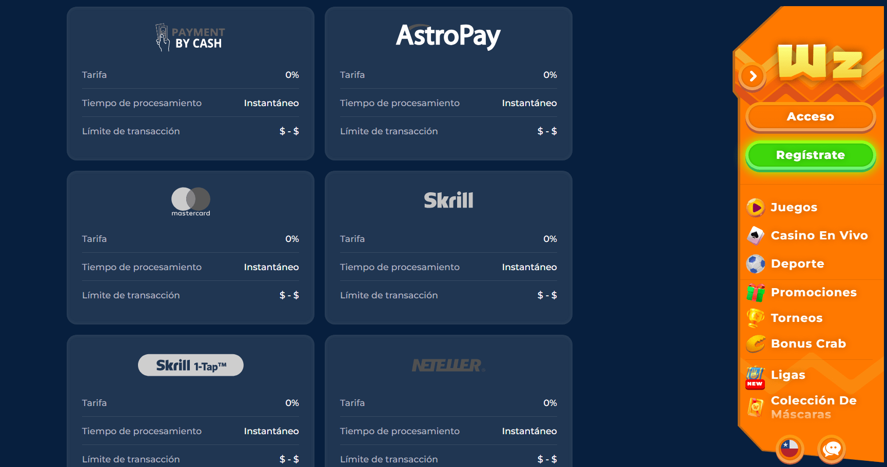 M&eacute;todos de pago en Wazamba casino