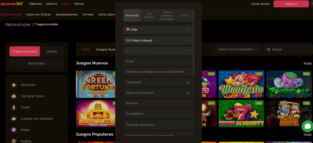 Proceso de registro en Apuesta360