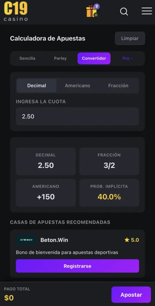 Cuotas en Calculadora de Apuestas