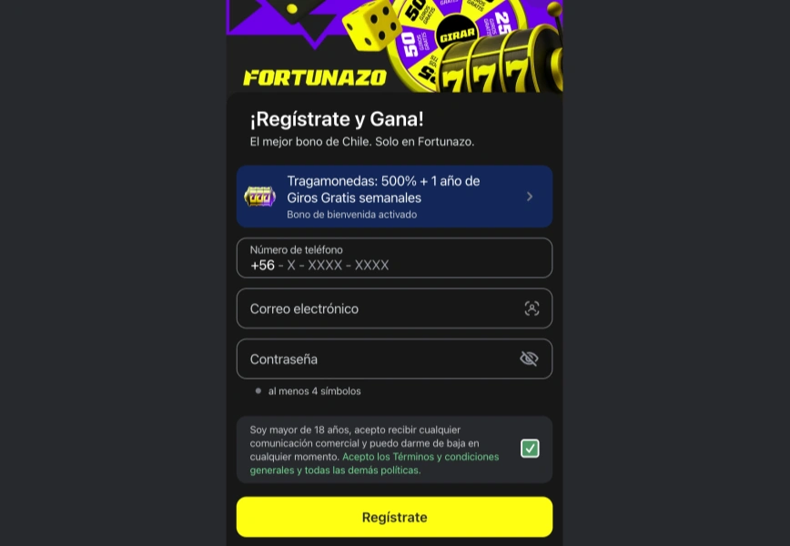 Proceso de registro en Fortunazo